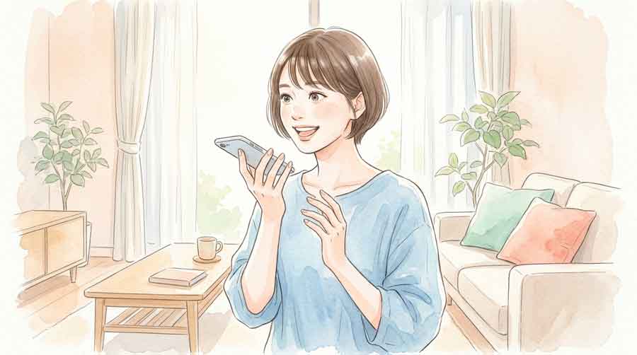 スマートフォンに向かって話しかけながら驚いた顔をする女性のイラスト