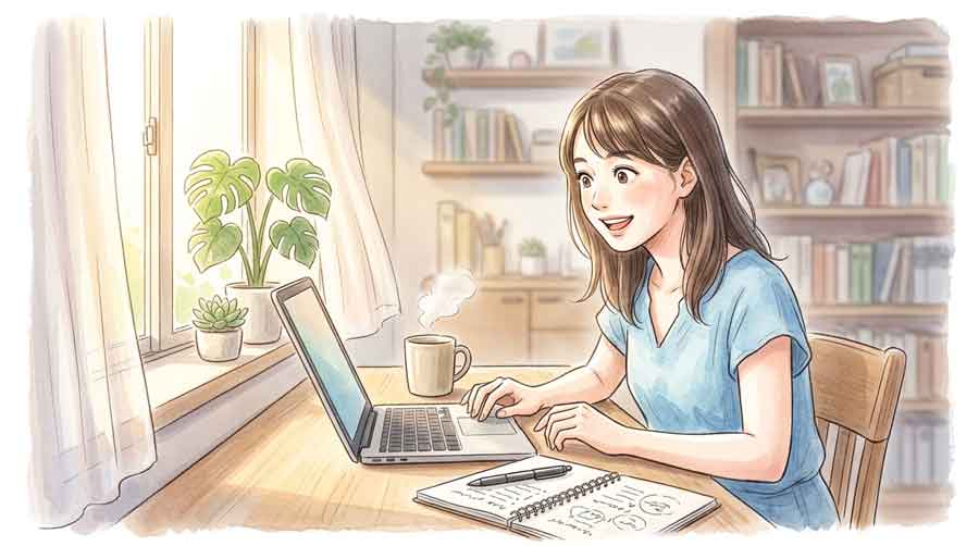 パソコン画面の前で手帳を広げながら新情報をチェックする女性のイラスト