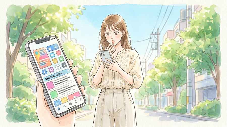 スマートフォンのニュース画面を見て驚いた表情の女性のイラスト(初夏の街並み)