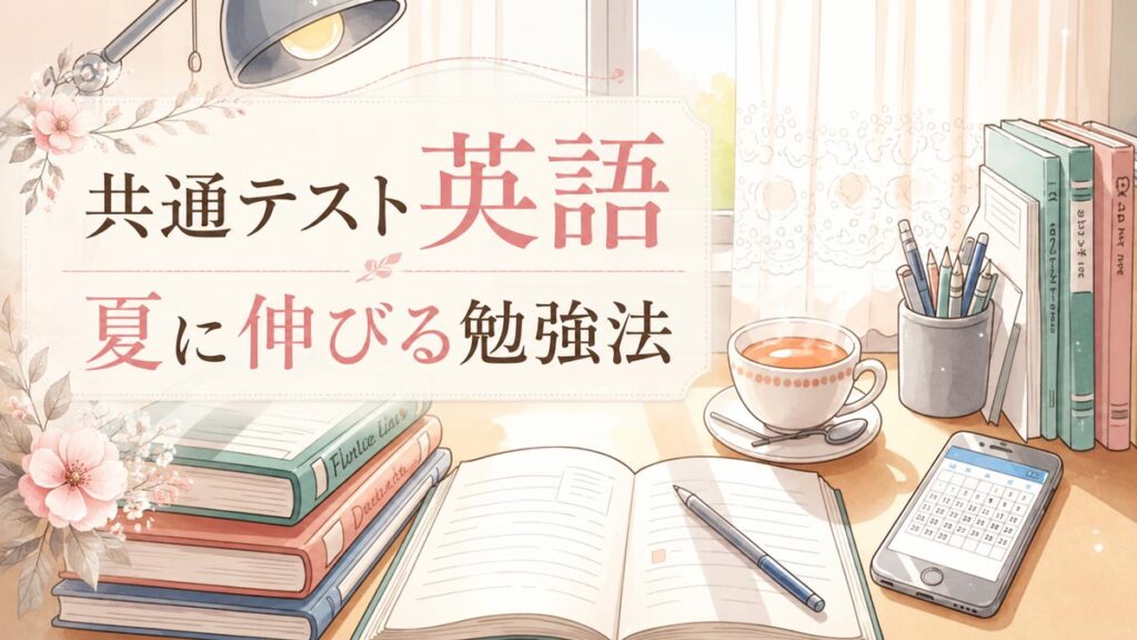 窓辺の受験生の机の上に参考書とハーブティーがのっている。受験生をイメージしたイラスト