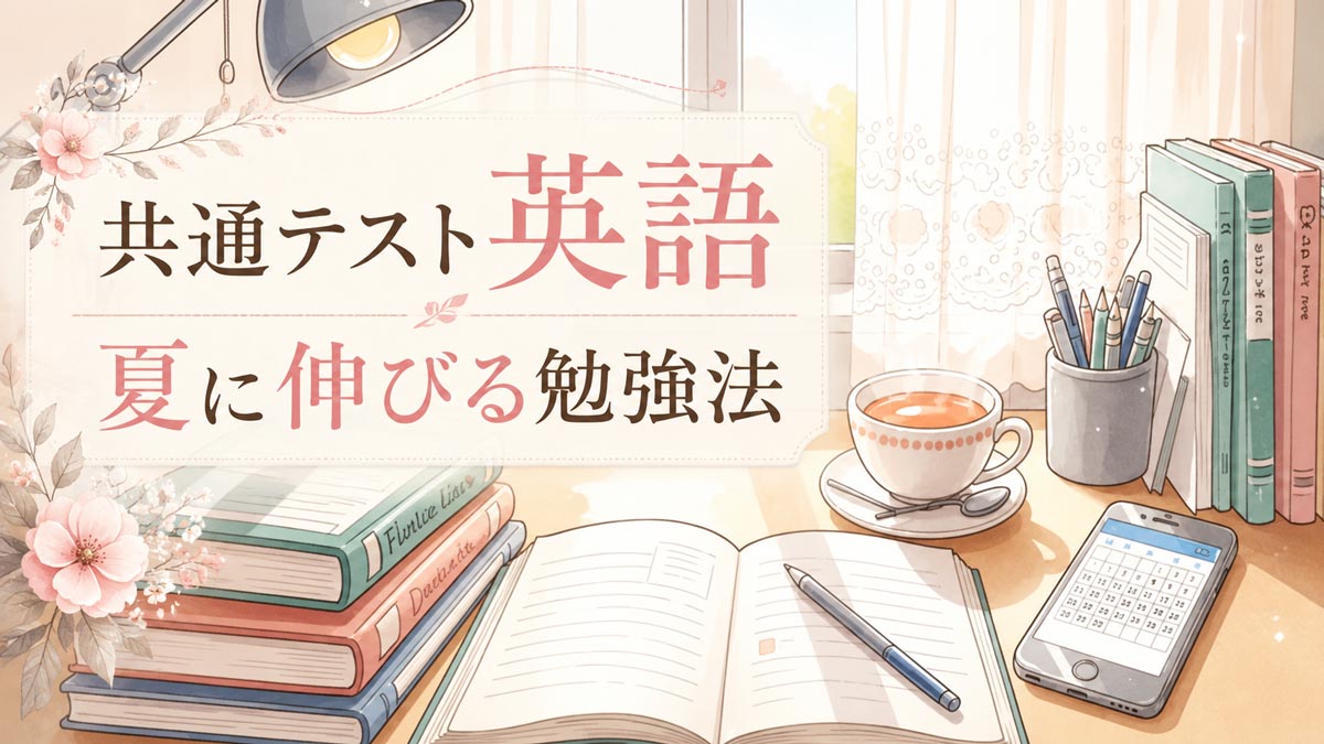 窓辺の受験生の机の上に参考書とハーブティーがのっている。受験生をイメージしたイラスト