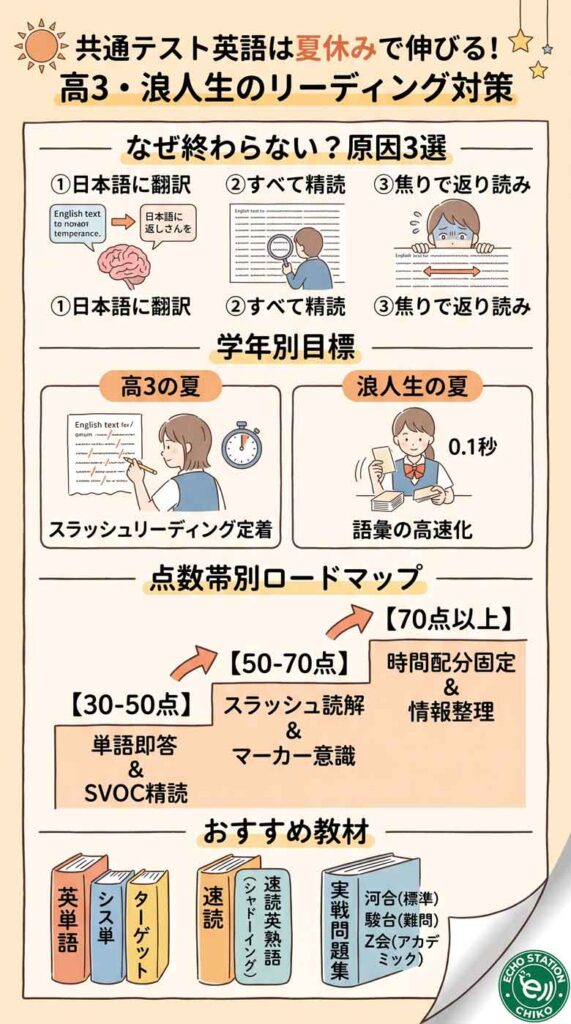 共通テスト英語は夏休みで伸びる？高3・浪人生がやるべきリーディング勉強法インフォグラフ