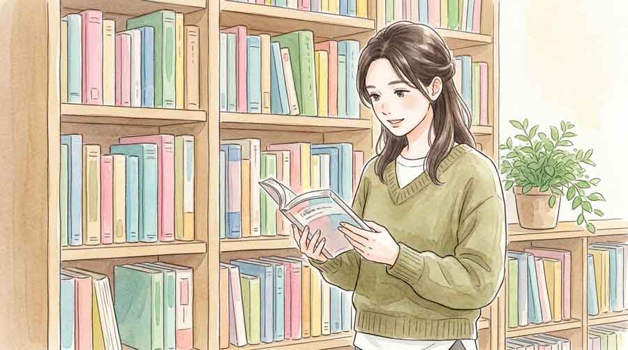 参考書や問題集が並んだ本棚の前で考える女性のイラスト