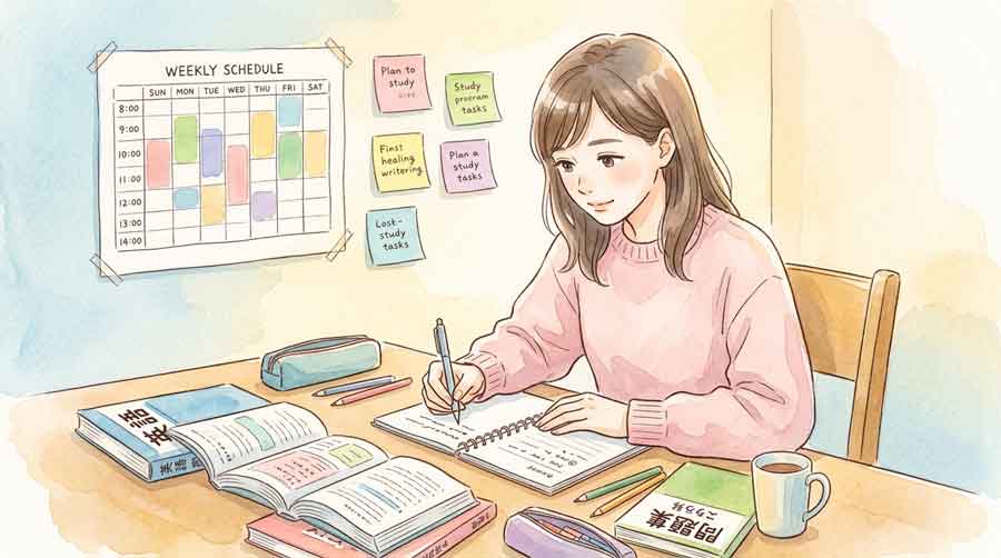  問題集と単語帳を並べて計画を立てている女性のイラスト