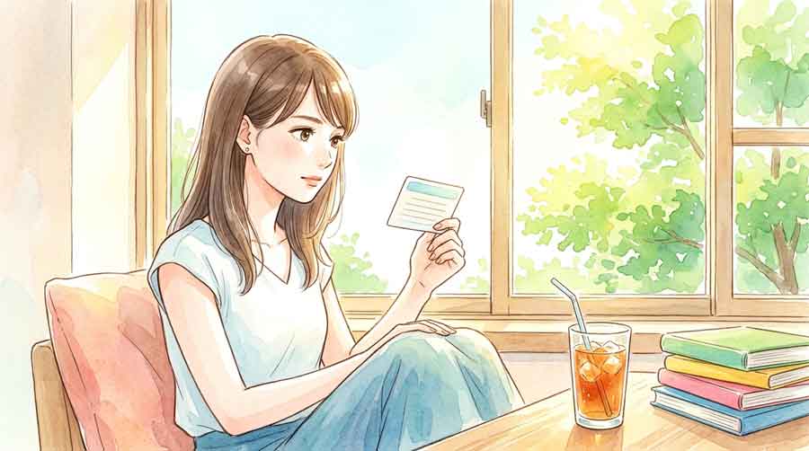 夏の光差し込む部屋で単語帳を手に真剣な表情で勉強する女性のイラスト