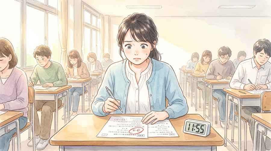 試験会場で問題用紙を見つめて固まっている女性のイラスト