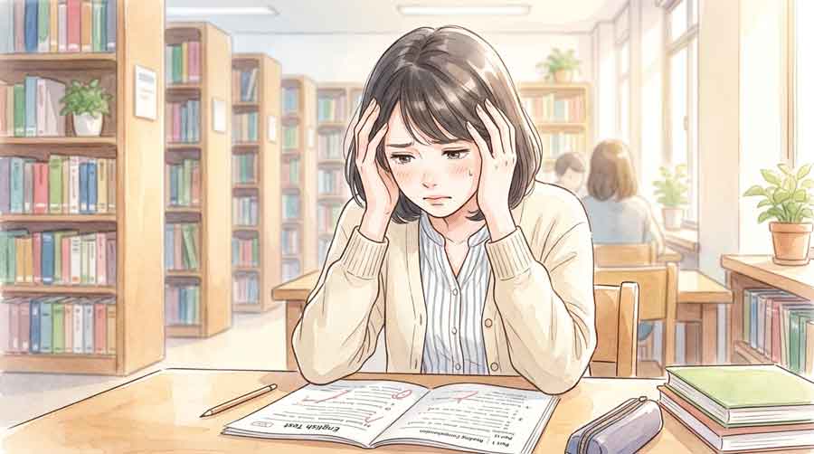 : 英語の問題用紙を前にして頭を抱える女性のイラスト