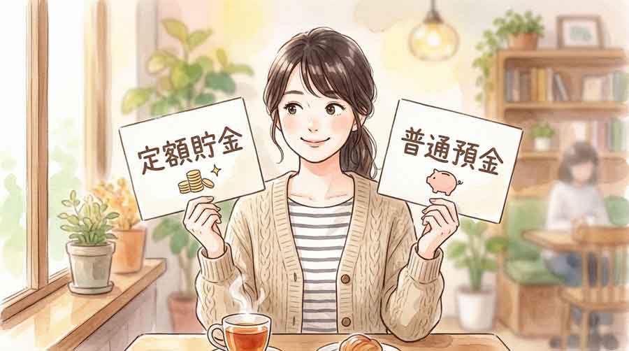 カフェでノートに定額貯金と定期貯金の比較メモを書いている女性