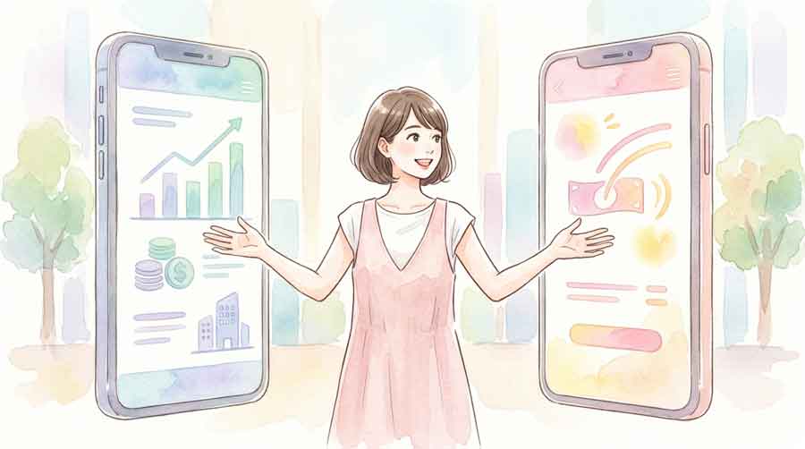 スマートフォンでネット銀行アプリとゆうちょ銀行の金利を見比べている女性