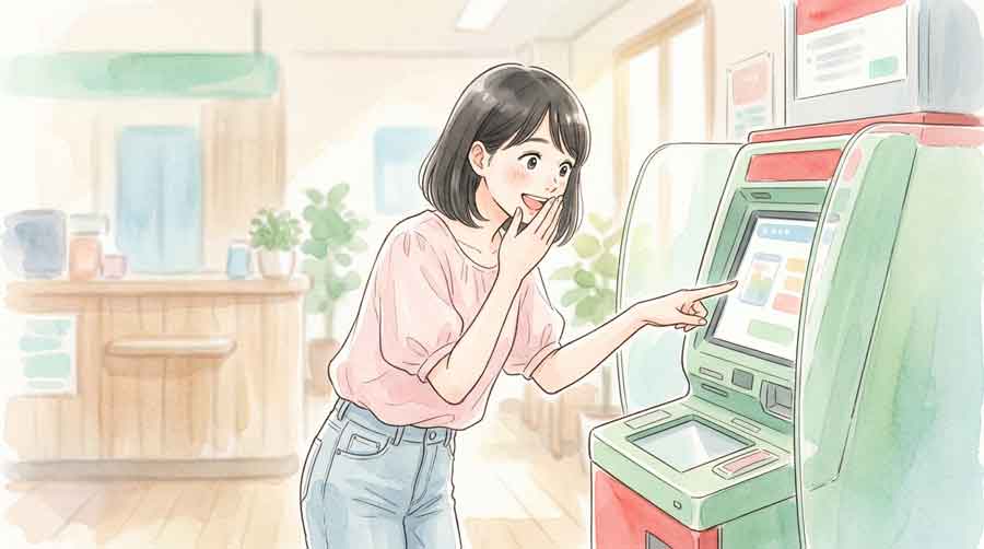 郵便局のATMコーナーでスマートフォンを見ながら金利情報を確認する女性