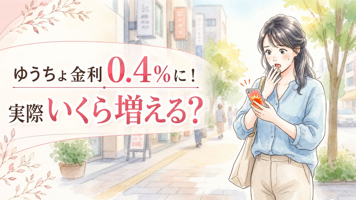 ゆうちょ銀行の通帳を手に金利上昇のニュースを見て笑顔になる女性