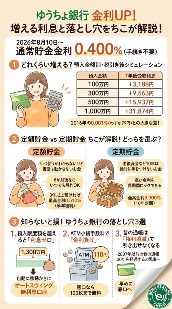 ゆうちょ銀行の金利が上がった！100万円預けたらいくら増える？定額と定期どっちを選ぶ？インフォグラフ