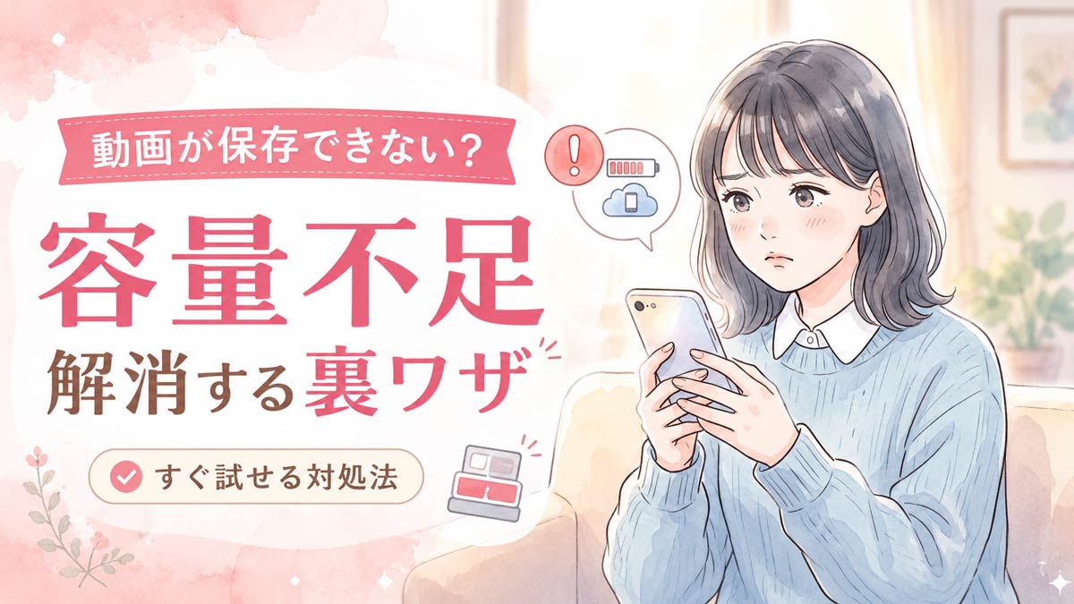 スマホの容量不足に困る女性の水彩イラスト