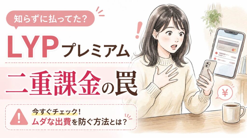 LINEのクレジットカード明細を見て驚く女性の水彩イラスト