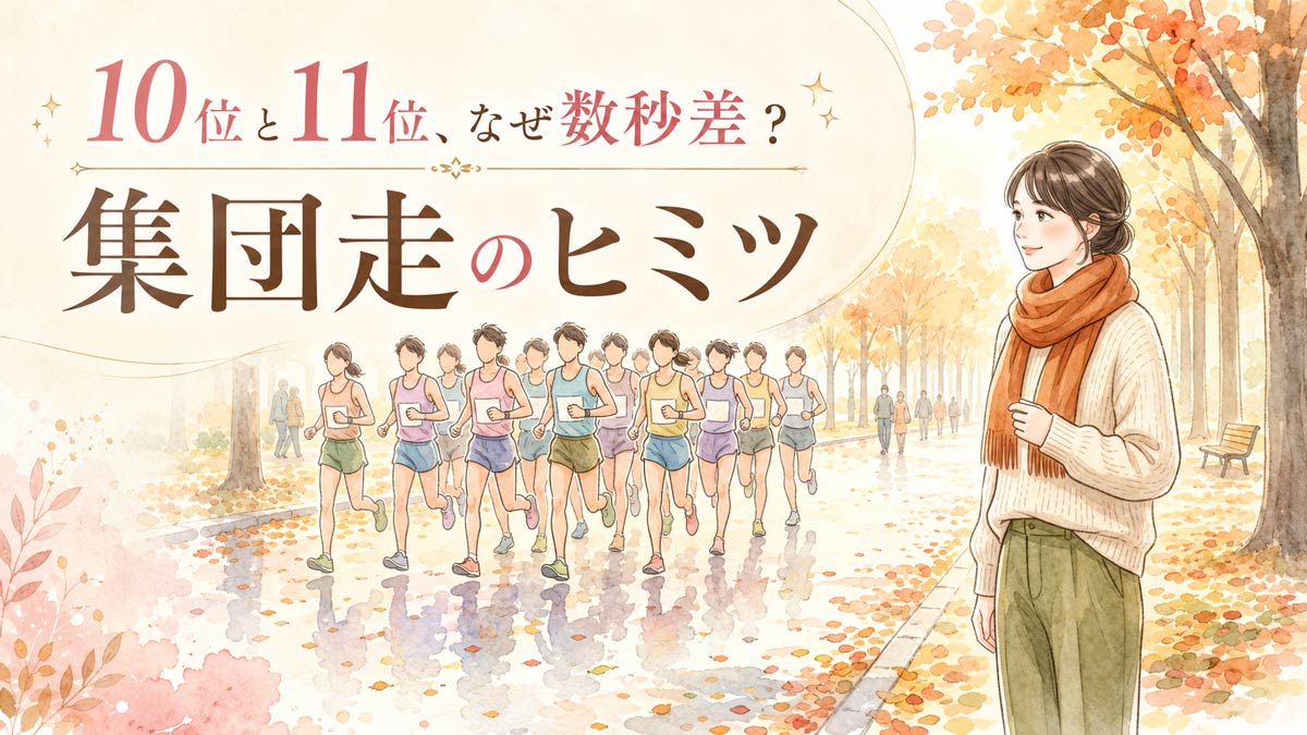 過去のレース結果を見比べて驚く表情の女性のイラスト
