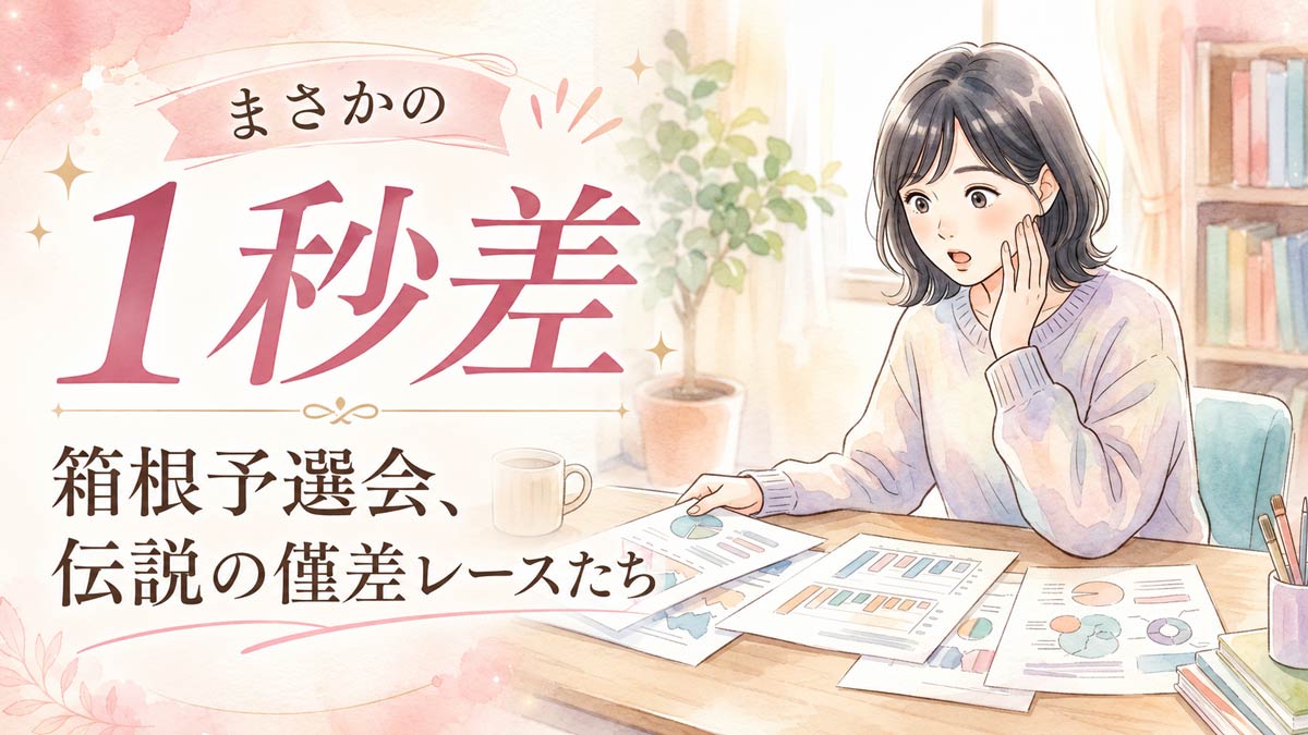 過去のレース結果を見比べて驚く表情の女性のイラスト