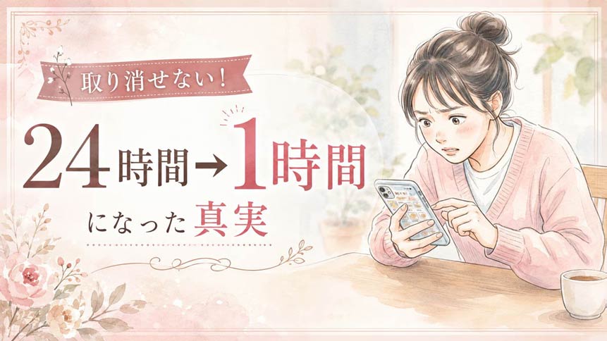 LINEの送信取り消しメニューを探して焦る女性の水彩イラスト