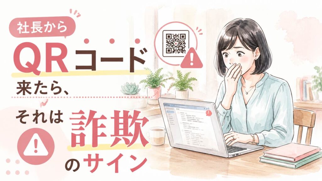 社長を名乗るメールに驚き画面を見つめる女性の水彩イラスト