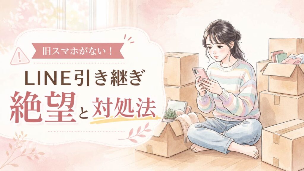 旧スマホがなく困り果てる女性の水彩イラスト