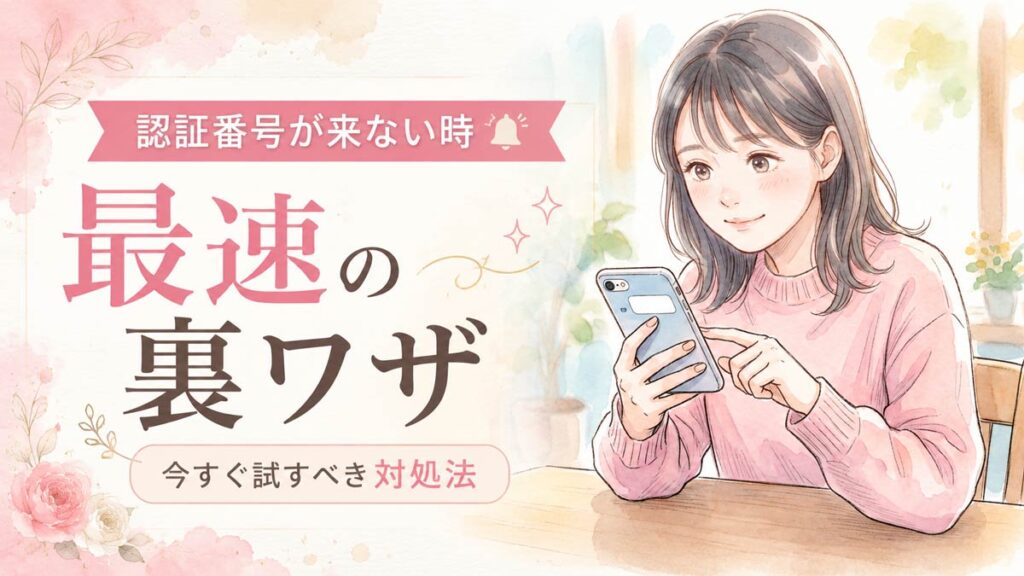 届かないSMS認証番号を待ちわびる女性の水彩イラスト
