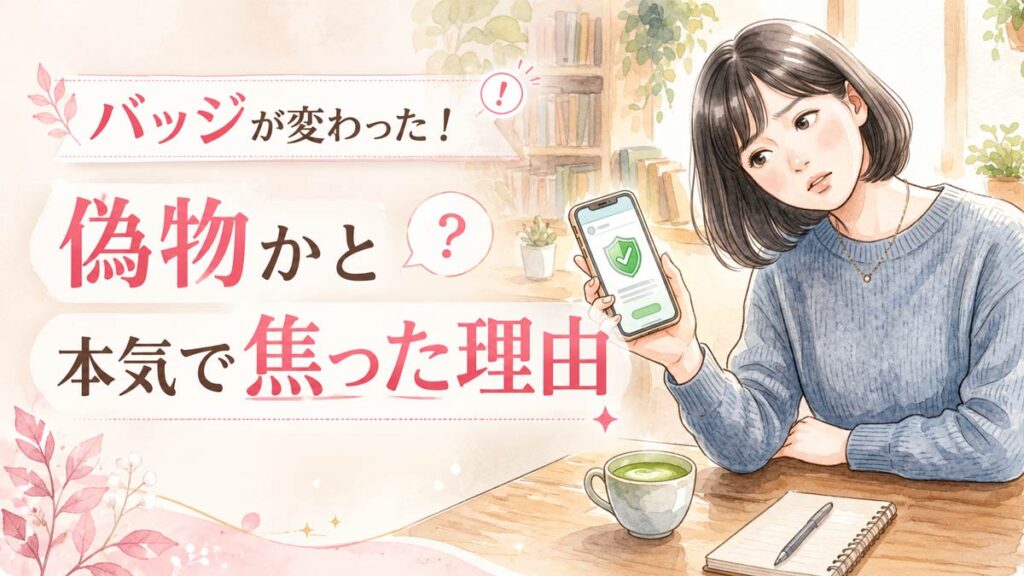 緑のチェックマークに変わったバッジを見て首をかしげる女性の水彩イラスト