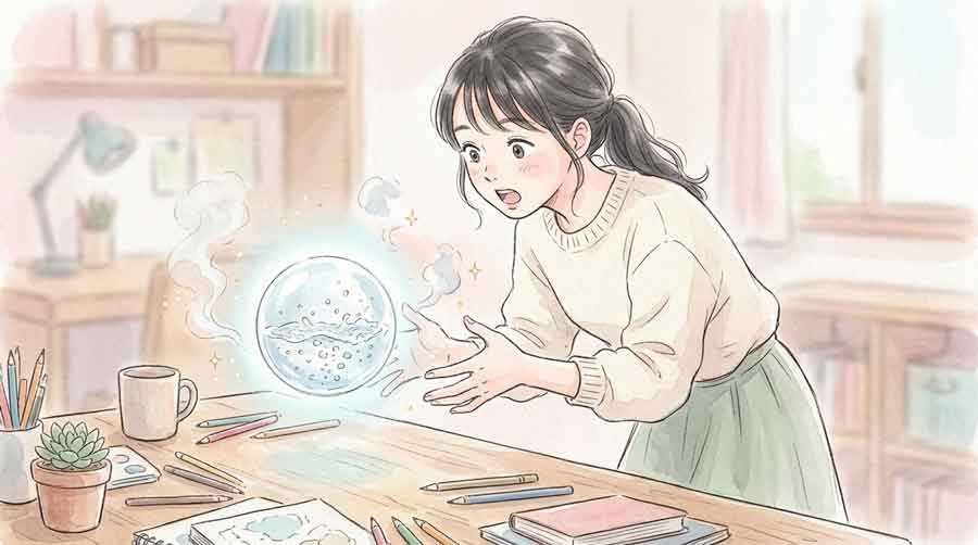 AIデータセンター冷却の仰天技術に驚く女性のイラスト