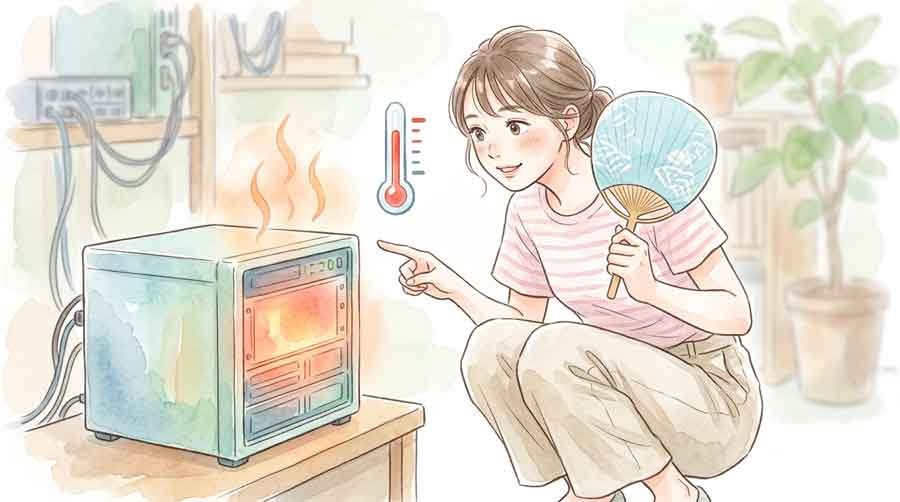 AIサーバーの発熱に驚く女性を描いたイラスト