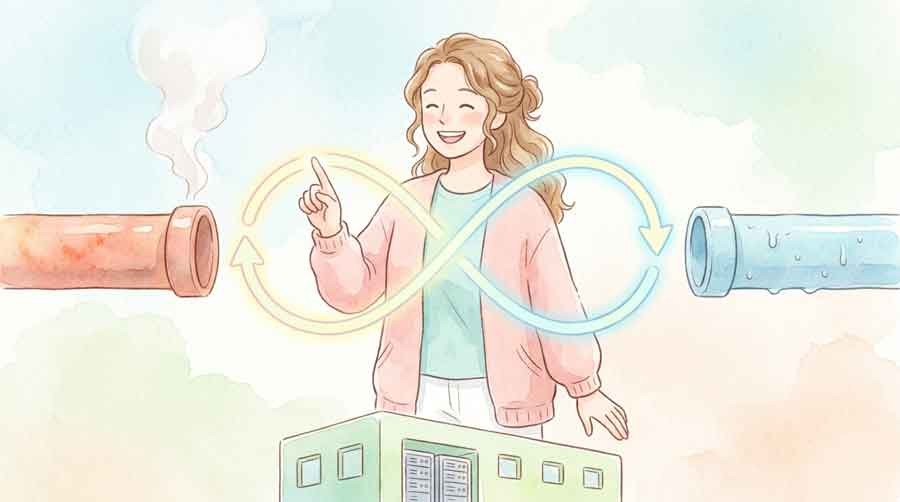 データセンターの廃熱利用サイクルを描いたイラスト