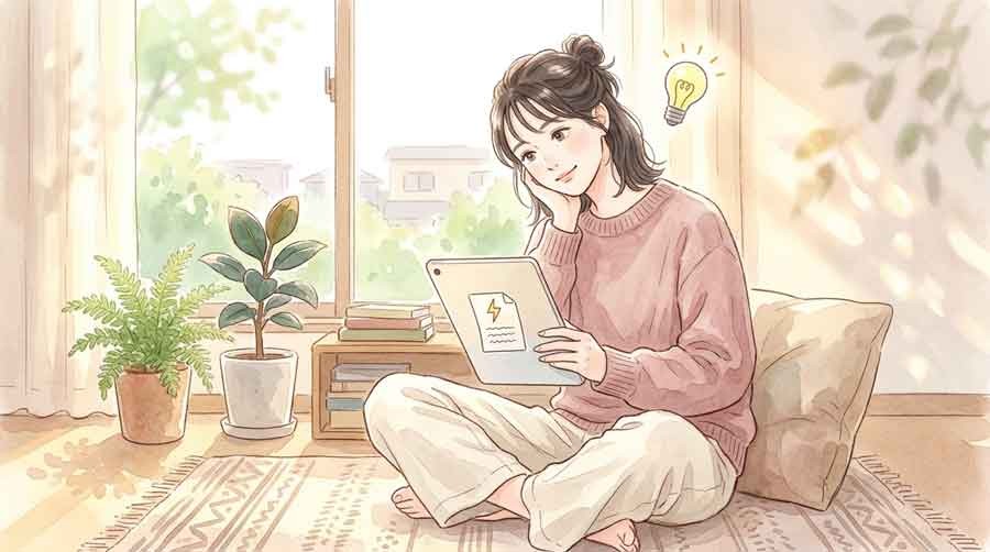 AIを使う女性が電気代や環境について考える様子を描いたイラスト