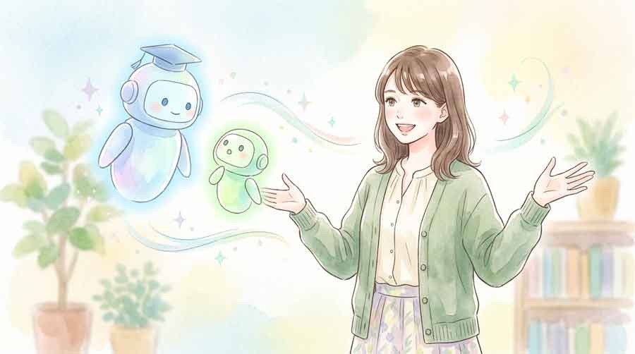 先生役の大きなAIと生徒役の小さなAIをイメージした対話シーン
