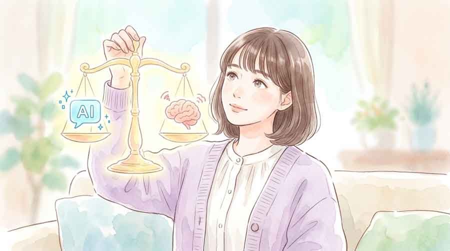 AIの回答を確認しながら考える女性