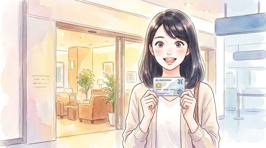 空港ラウンジ前でカードを掲げる女性