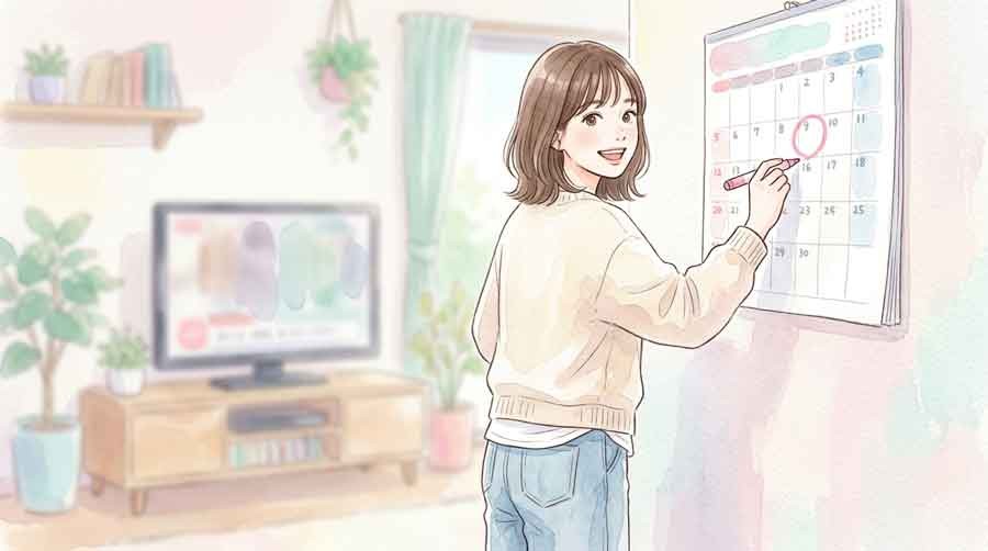 カレンダーとテレビ画面を指差しながら次戦の日程を確認する女性