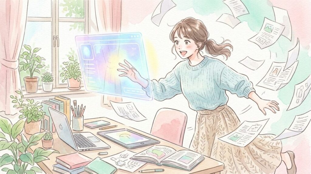 ChatGPT5.6の新機能に驚く女性、デスクで浮かび上がるAIエージェントの光