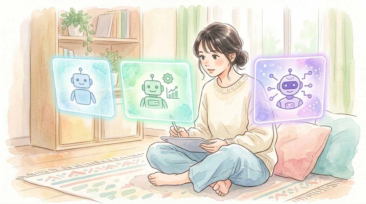 Sol Terra Lunaの3階層AIモデルを見比べる女性のイラスト