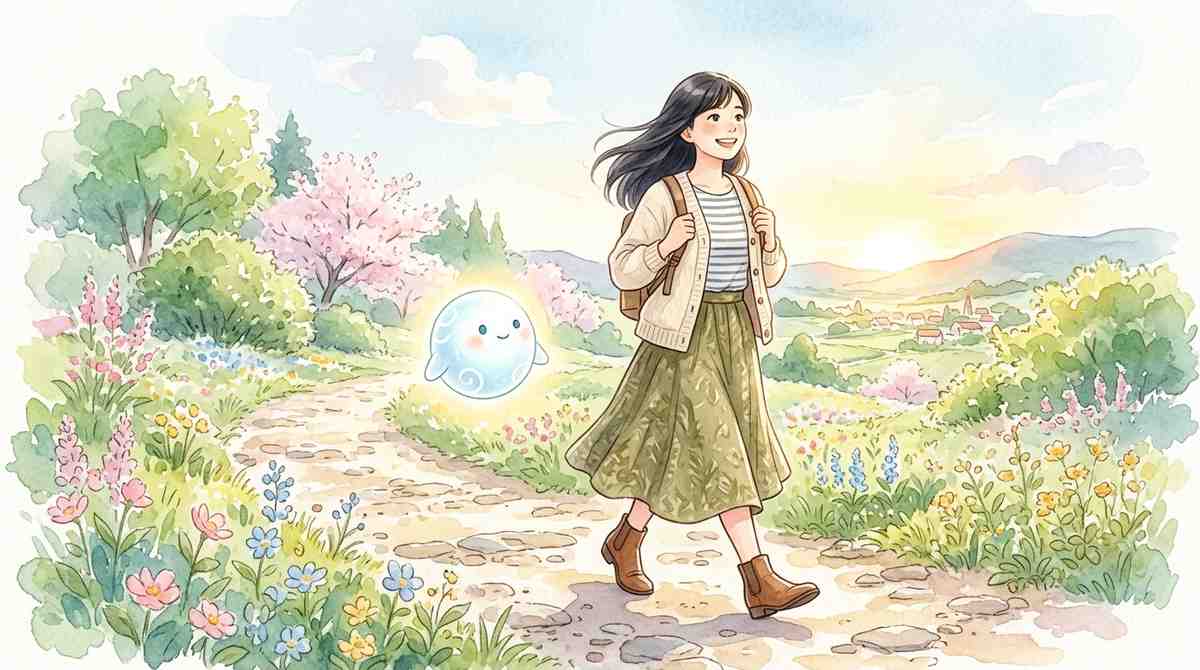 AIと一緒に働く未来をイメージする明るい女性のイラスト