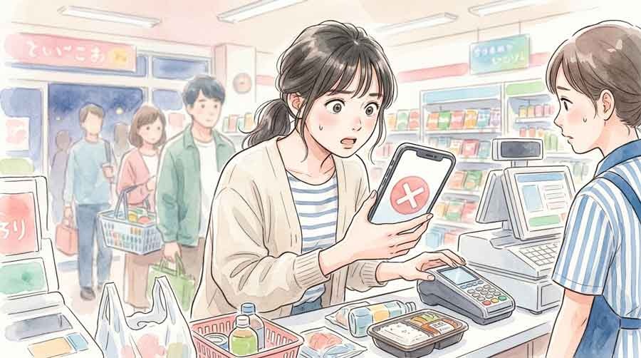 PayPay障害でレジ前に立ち尽くす女性、スマホのエラー画面と夕方の店内