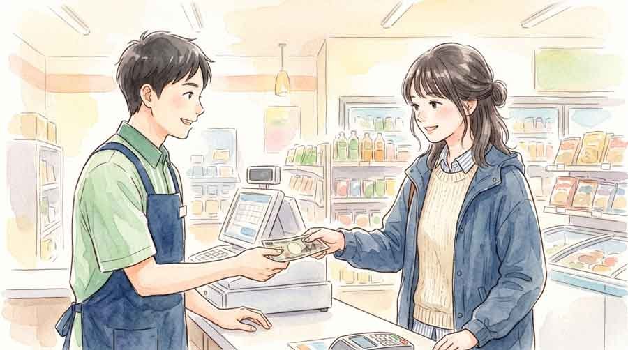 レジ前でスマホの決済画面と現金を両方持って選んでいる女性の手元