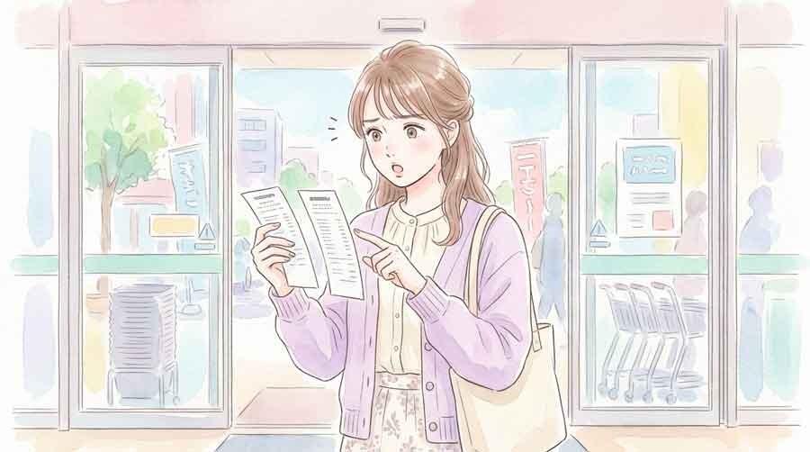 スマホの取引履歴画面を確認しながら考え込む女性