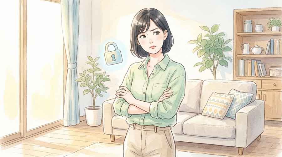 スマートフォンに届いた不審なSMSを警戒する女性の表情