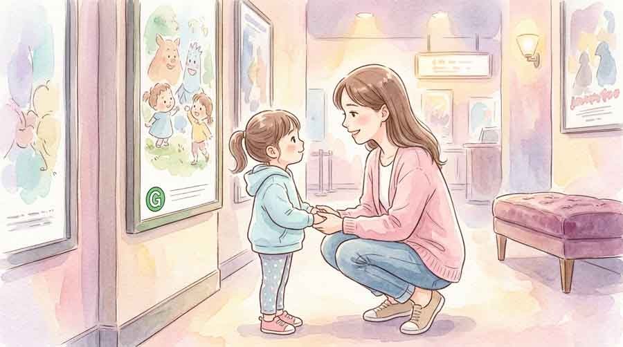 G指定と対象年齢を確認する保護者と子どものシーン
