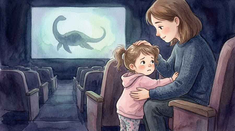 不気味な雰囲気の中で緊張する映画のワンシーンを思わせるイラスト