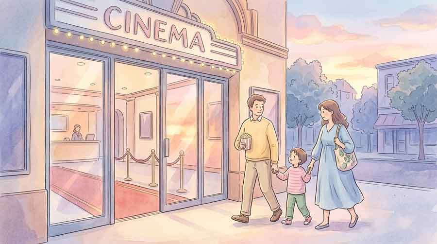 夕方のレイトショーで落ち着いて映画を鑑賞する親子