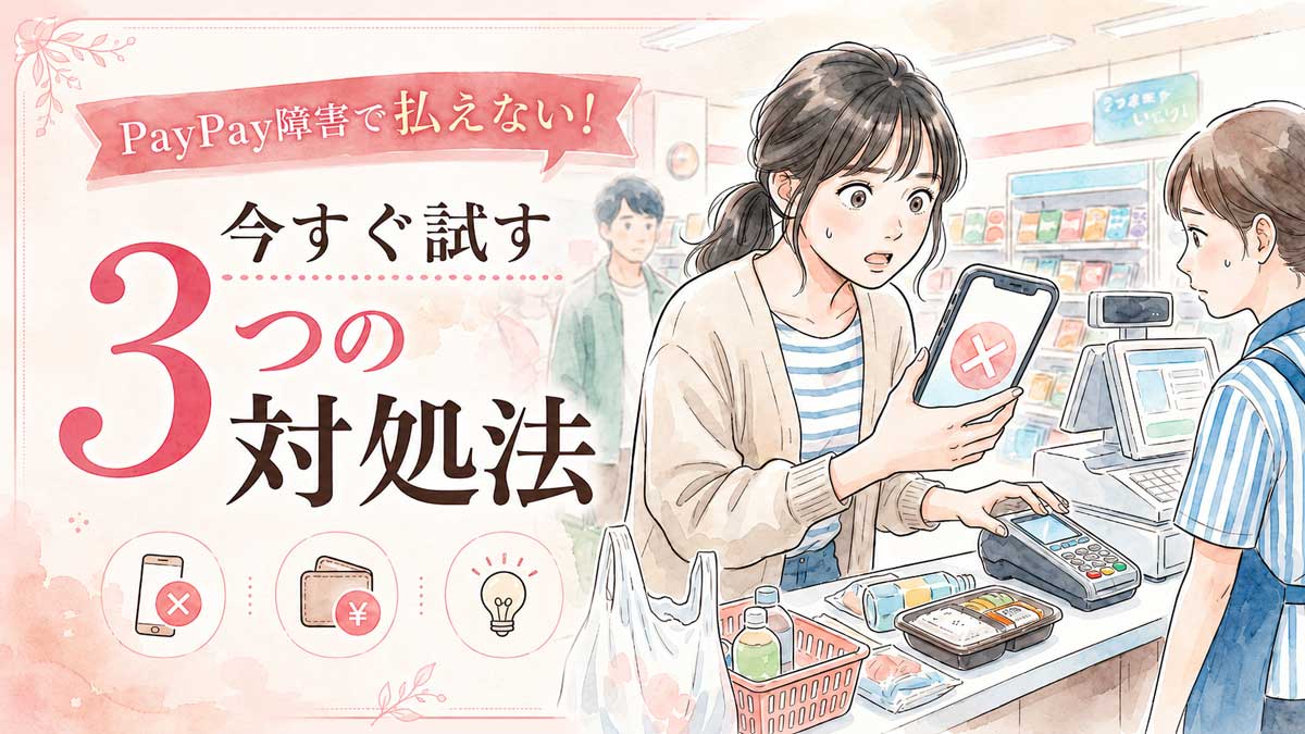 PayPay障害でレジ前に立ち尽くす女性、スマホのエラー画面と夕方の店内