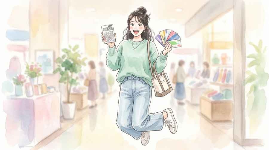 友の会 年利15.4%を検証する女性と百貨店の積立パンフレット