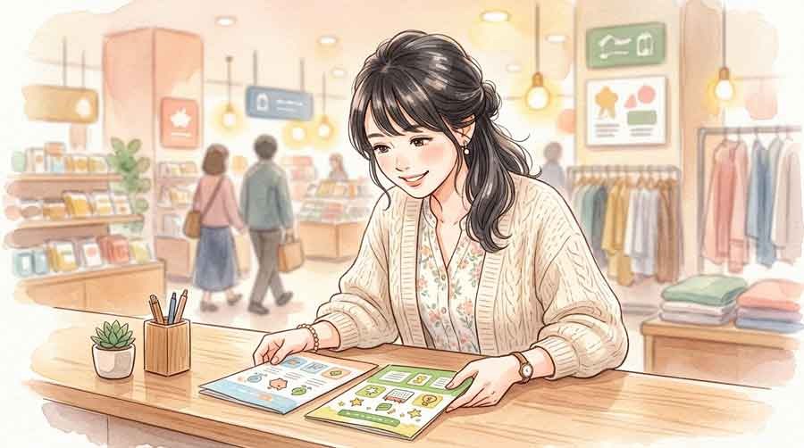 友の会の積立パンフレットを見比べる女性のイラスト