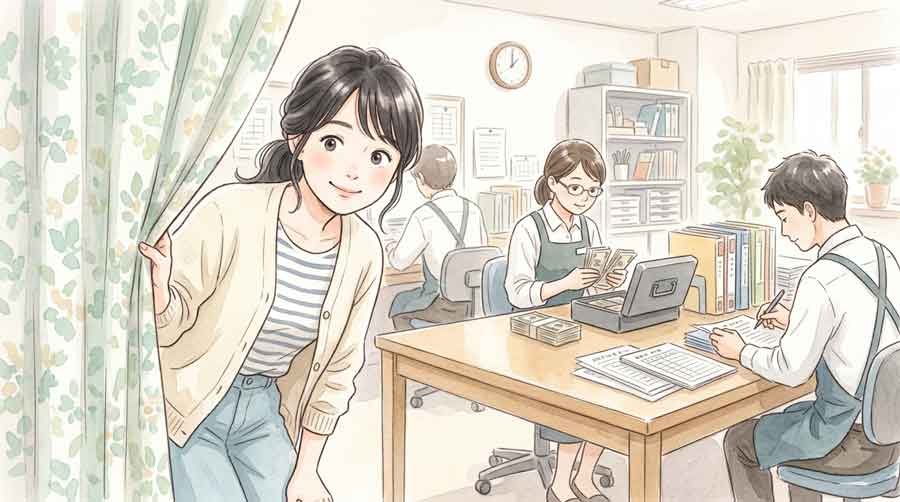 百貨店のバックヤードで資金繰りを説明するイラスト