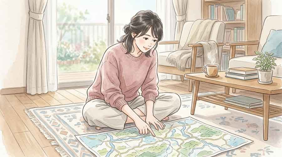 地図を見ながら実家周辺の百貨店を確認する女性
