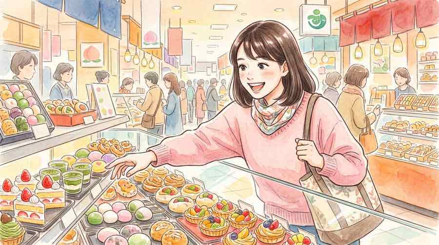デパ地下のスイーツ売り場で目を輝かせる女性