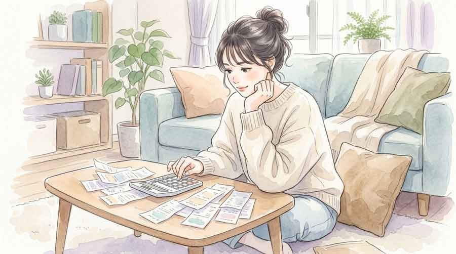 税金や家計への影響を電卓で確認する様子
